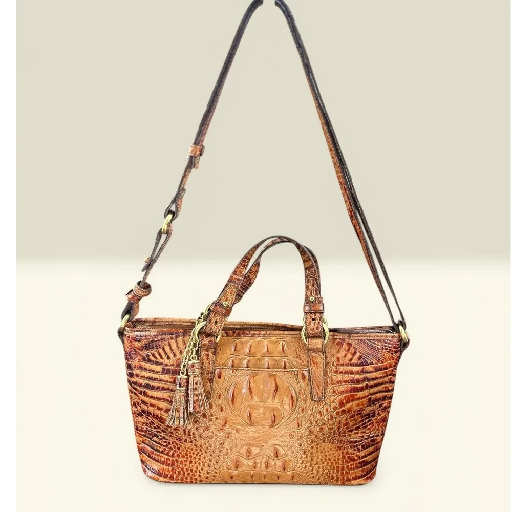 Brahmin Mini Asher Satchel Bag Pecan Melbourne Croc‎ Embossed Leather Crossbody